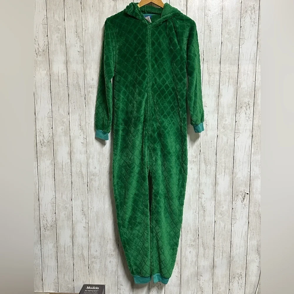 Boys Green Dinosaur Hoodie One Piece Pajamas Dragon/Halloween Costume Size L