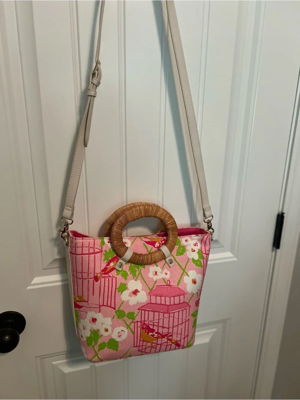 Pink Floral Canvas Tote with Rattan Ring Handles by Spartina 449 New
