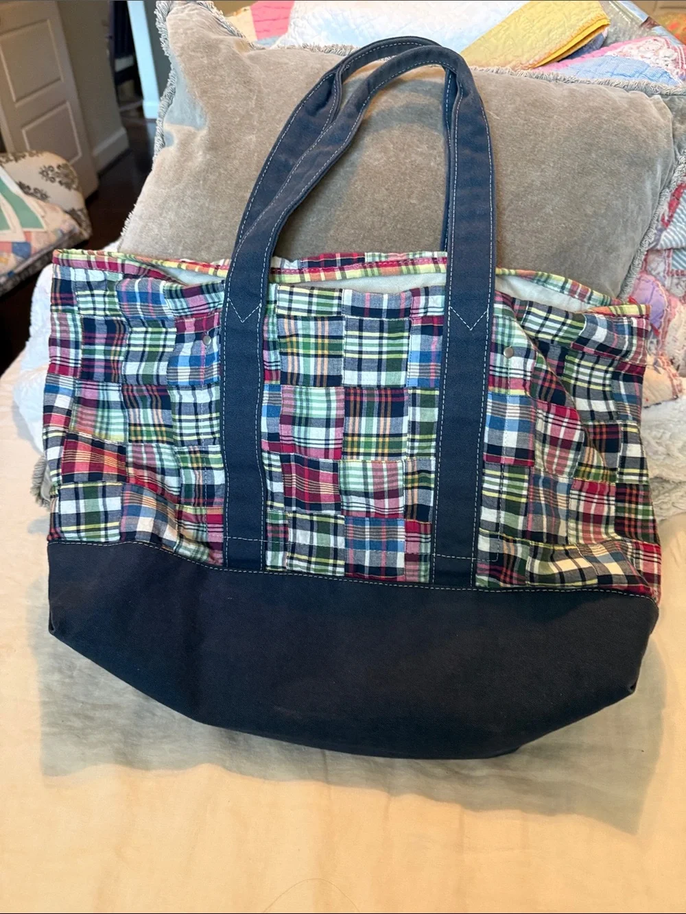 J. Crew Vintage Madras Tote with Navy Canvas Base