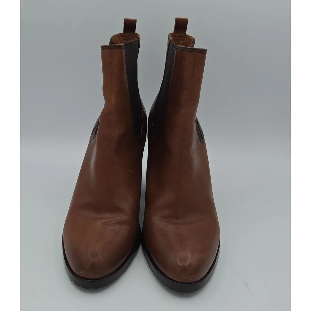 Frye Chelsea Pull On Boot Dark Brown Antiqued Polished Leather 10M Block Heel