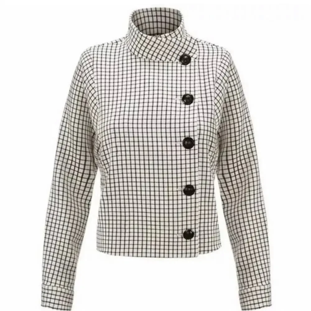 CAbi Windowpane Jacket Unlined Asymmetrical Front Black White #3173 Women's XS
