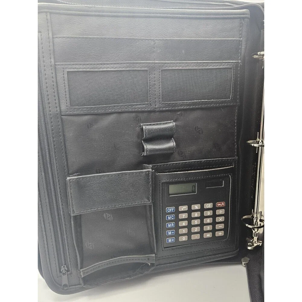American Tourister Black Leather Zipper 3 Ring Binder W/ Calculator + Holder