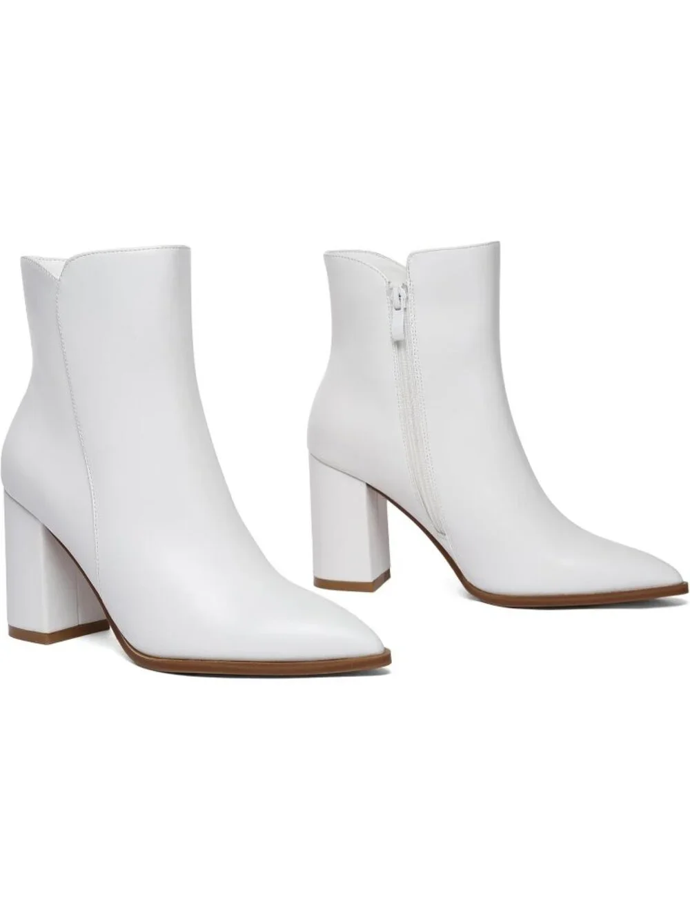 Women's White Fashion Pointed Toe Chunky Block Heel Side Zipper Short Ankle Boot