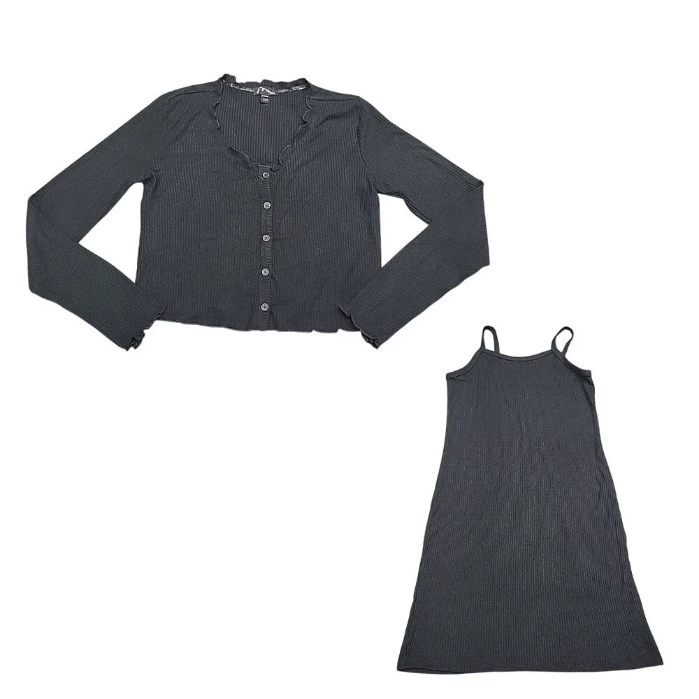 Kids Girls Long Sleeves Buttons Front Cardigan Dress Set Large Size 10/12 Black