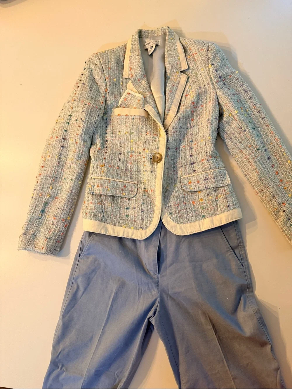 Light Blue Tweed Blazer with Cream Trim