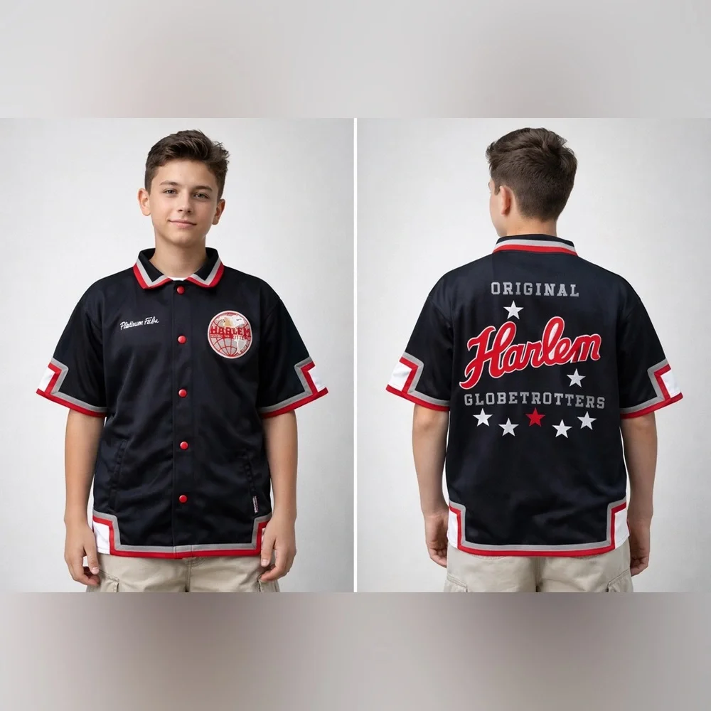Vintage PlatinumFUBU Harlem Globetrotters JerseyYouthL 16/18 BlackRedEmbroidered