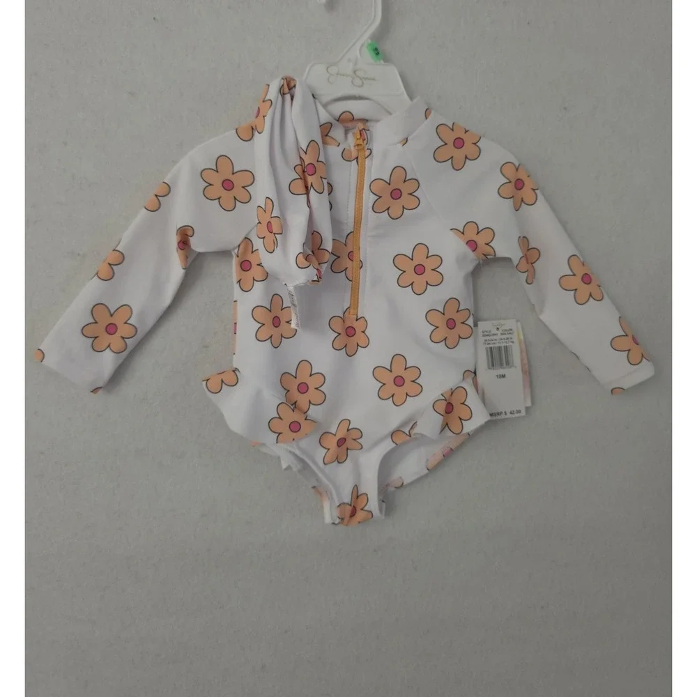 Jessica S white and orange flower print swimsuit‎ with a front zipper Ss 18M