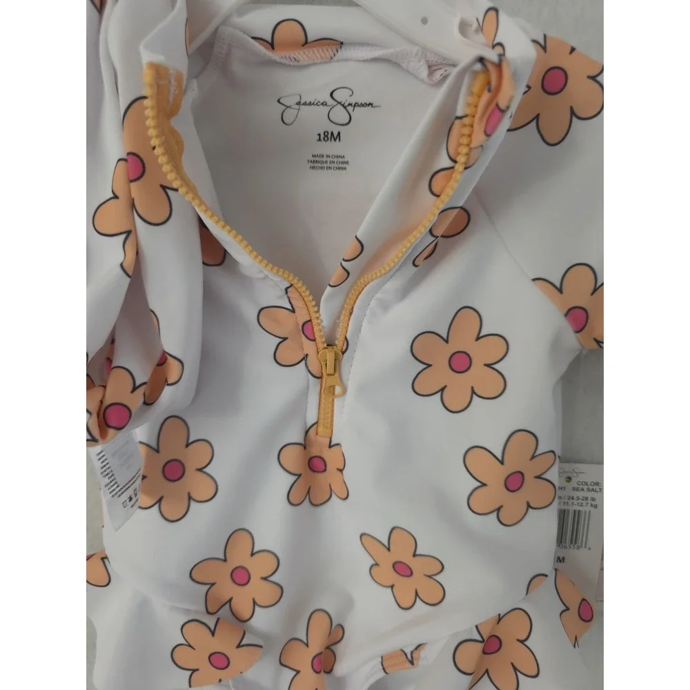 Jessica S white and orange flower print swimsuit‎ with a front zipper Ss 18M