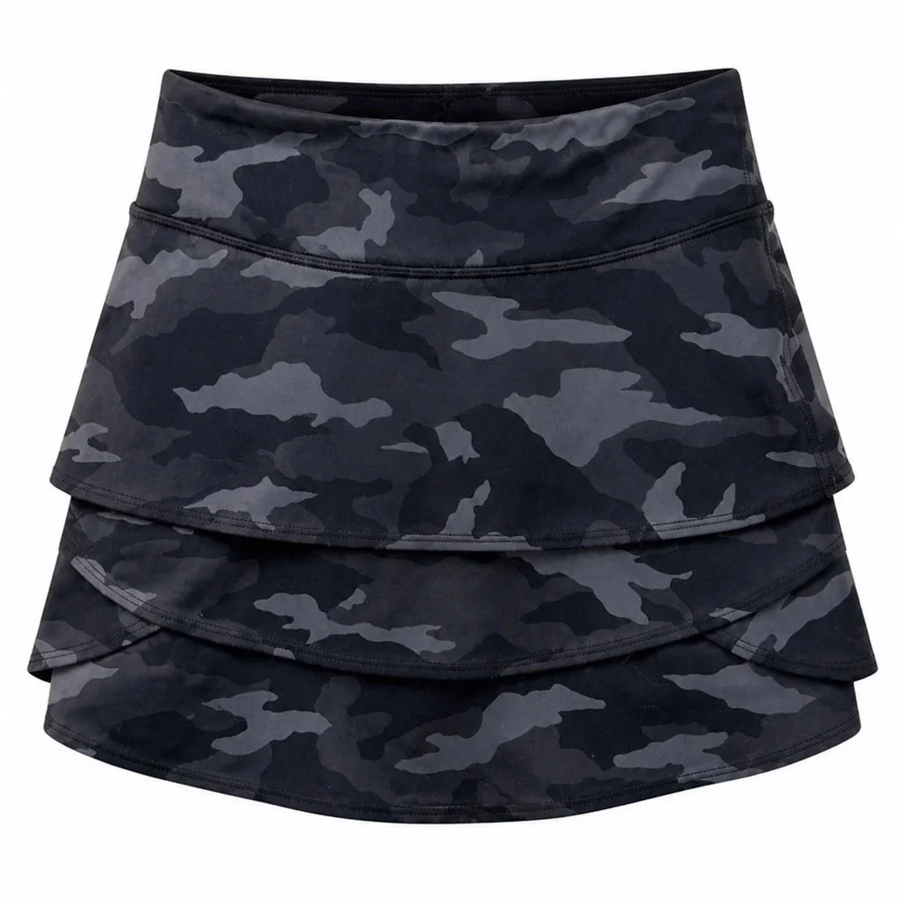Athleta Girl Camo Lux Swing Skort Girls L/12 Tiered Ruffle Black Gray Active SU2