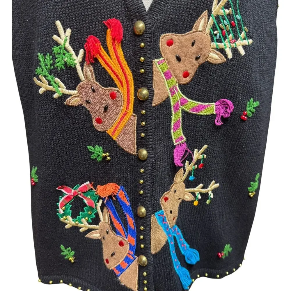 Hampshire Studio Snow Sweater Vest Reindeer Black XL