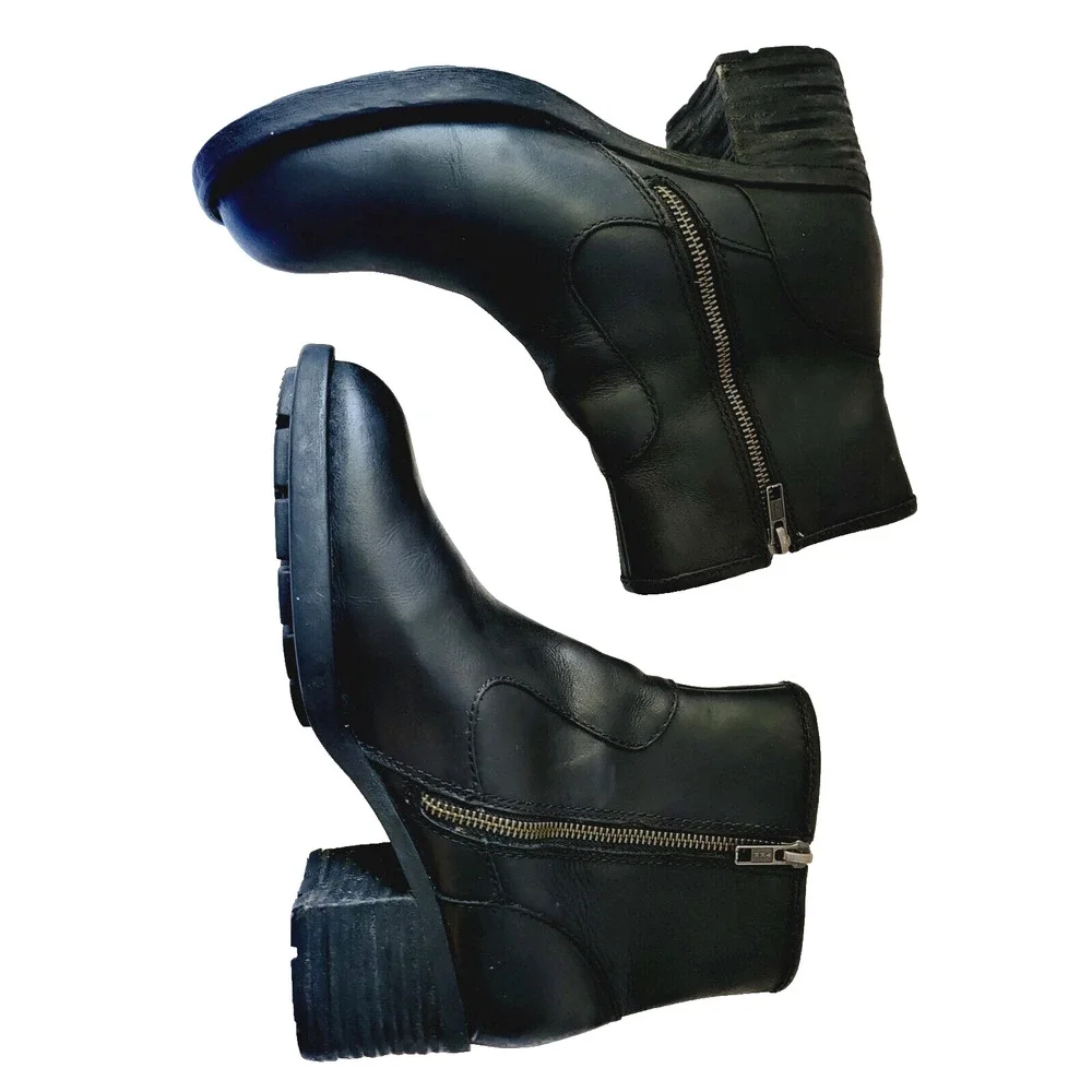 Born Kati Black Leather Moto Ankle Boots Side Zip Buckle Size 8M