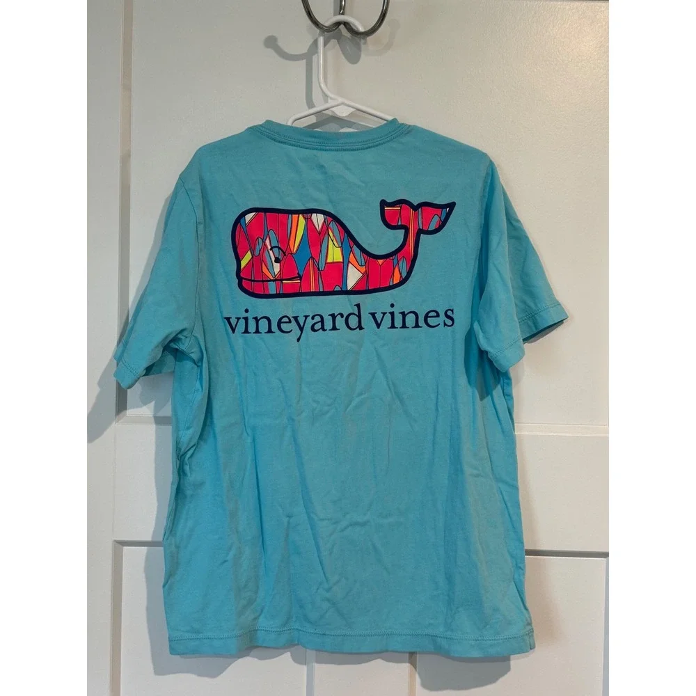 Vineyard Vines Boys Turquoise Blue Geometric Whale Pocket T-Shirt Size S 8-10