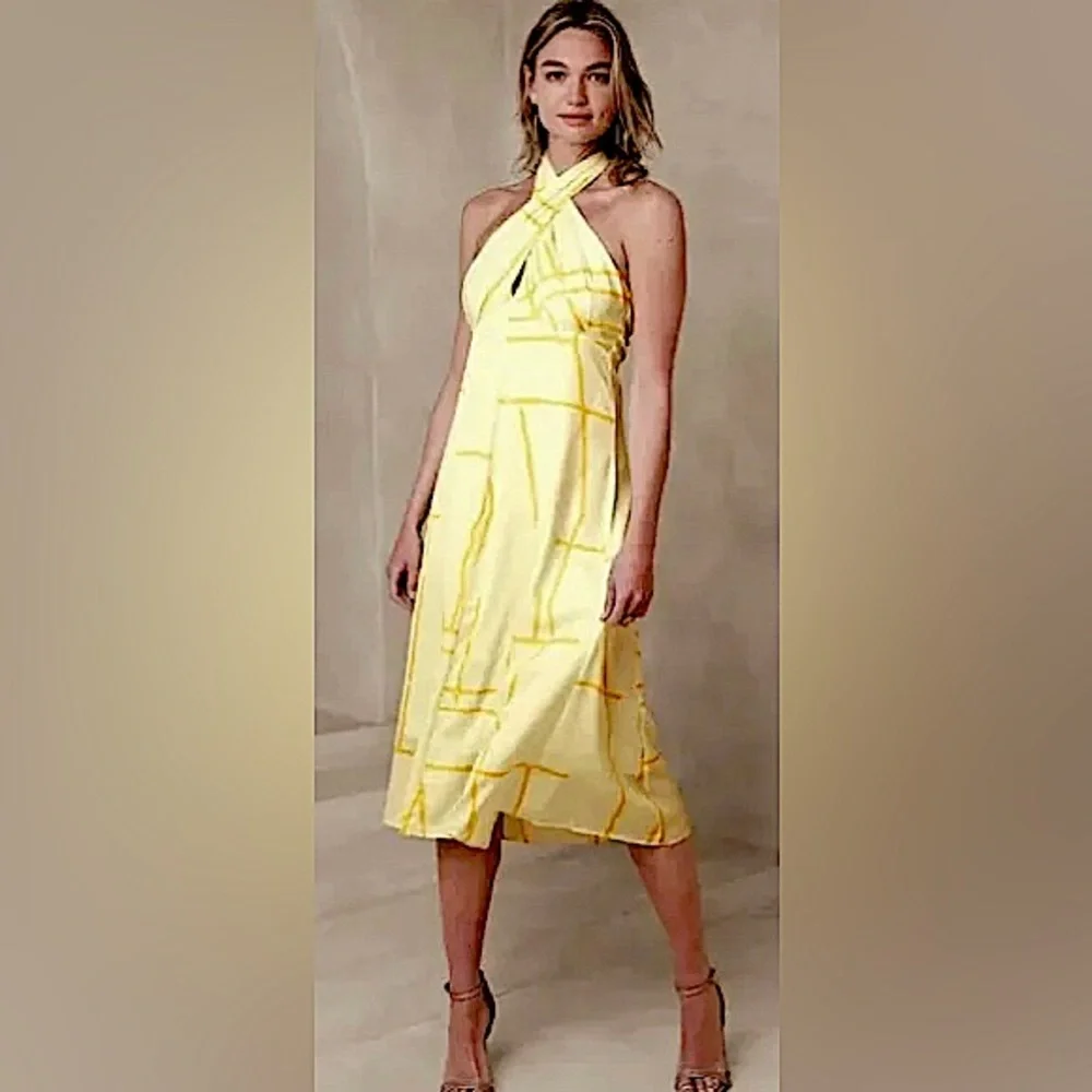 Yellow Halter Midi Dress with Subtle Print