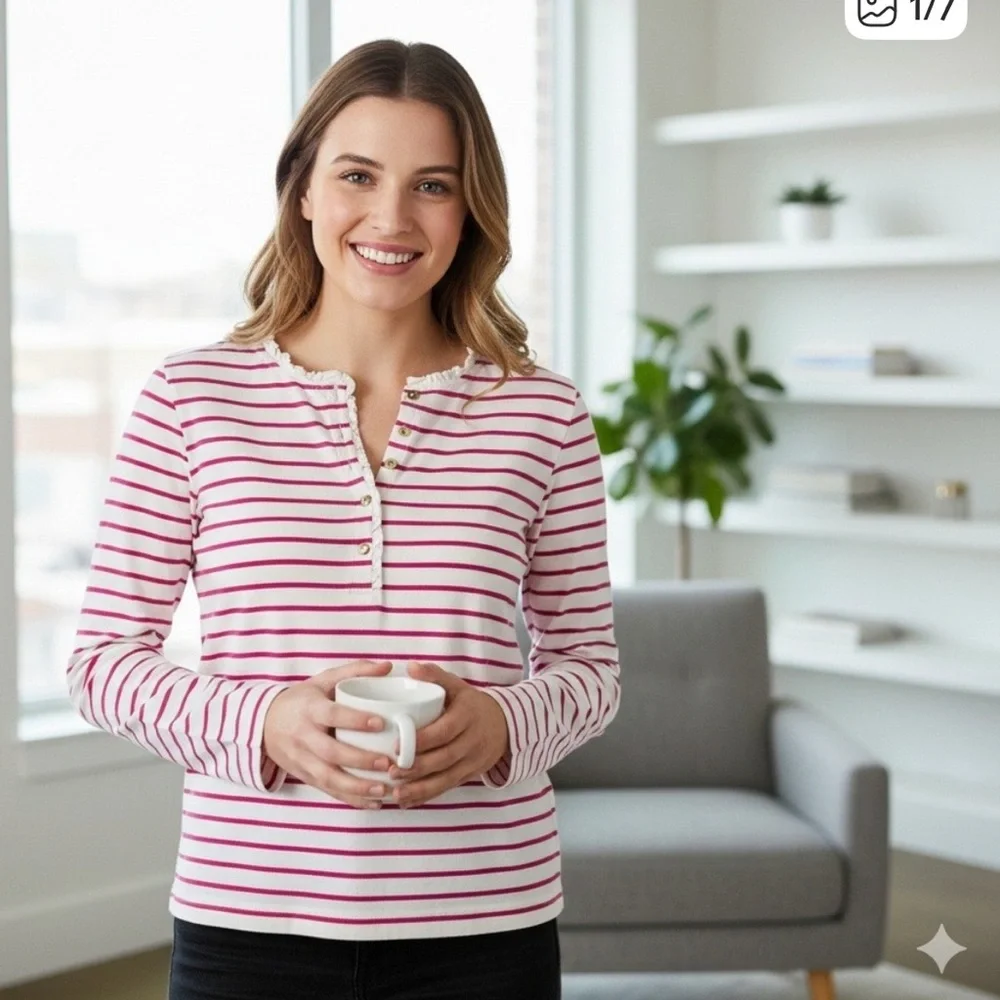 J Crew Striped Ruffle-Collar Henley