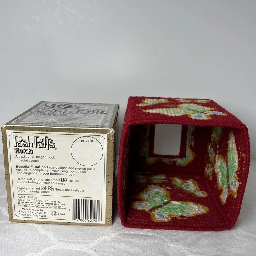 VTG Posh Puffs Tissues Handmade Cover Box Needlepoint Yarn Homemade Butterflies