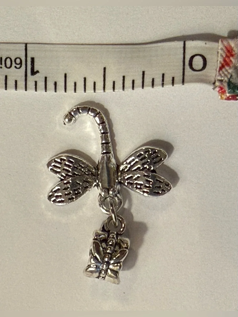 Charm / pendant - dragonfly charm w/butterfly on bail - silver tone. New!