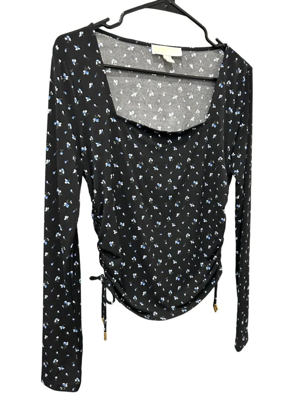 Michael Kors Womens Black Long Sleeve Floral Ruched Top Size M