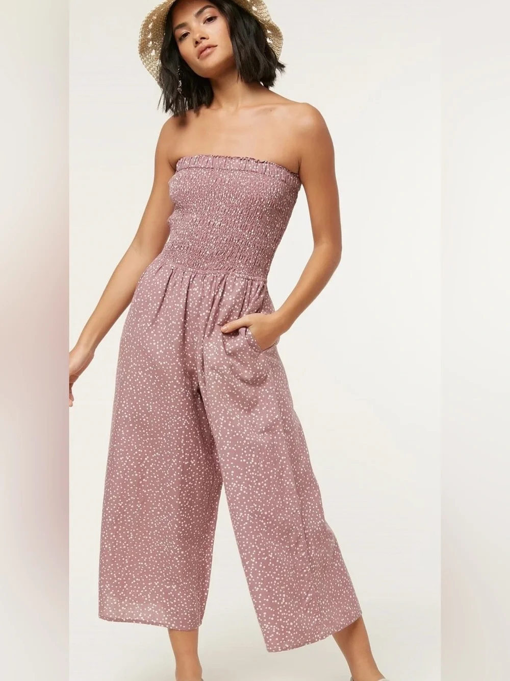 O'Neill Dusty Rose Smocked Strapless Wide-Leg Jumpsuit