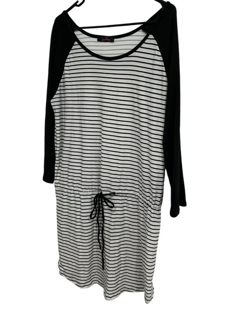 Lorena Rose Black White Striped Long Sleeve Dress Drawstring Waist