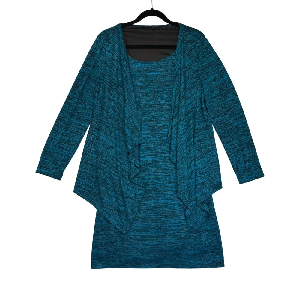 TIANA B. Women's Teal‎ Black Marled Knit Dress Waterfall Cardigan Set Size 10