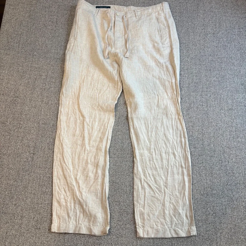 Perry Ellis Pants Mens 36 Beige Linen Drawstring Straight Leg Casual Trousers