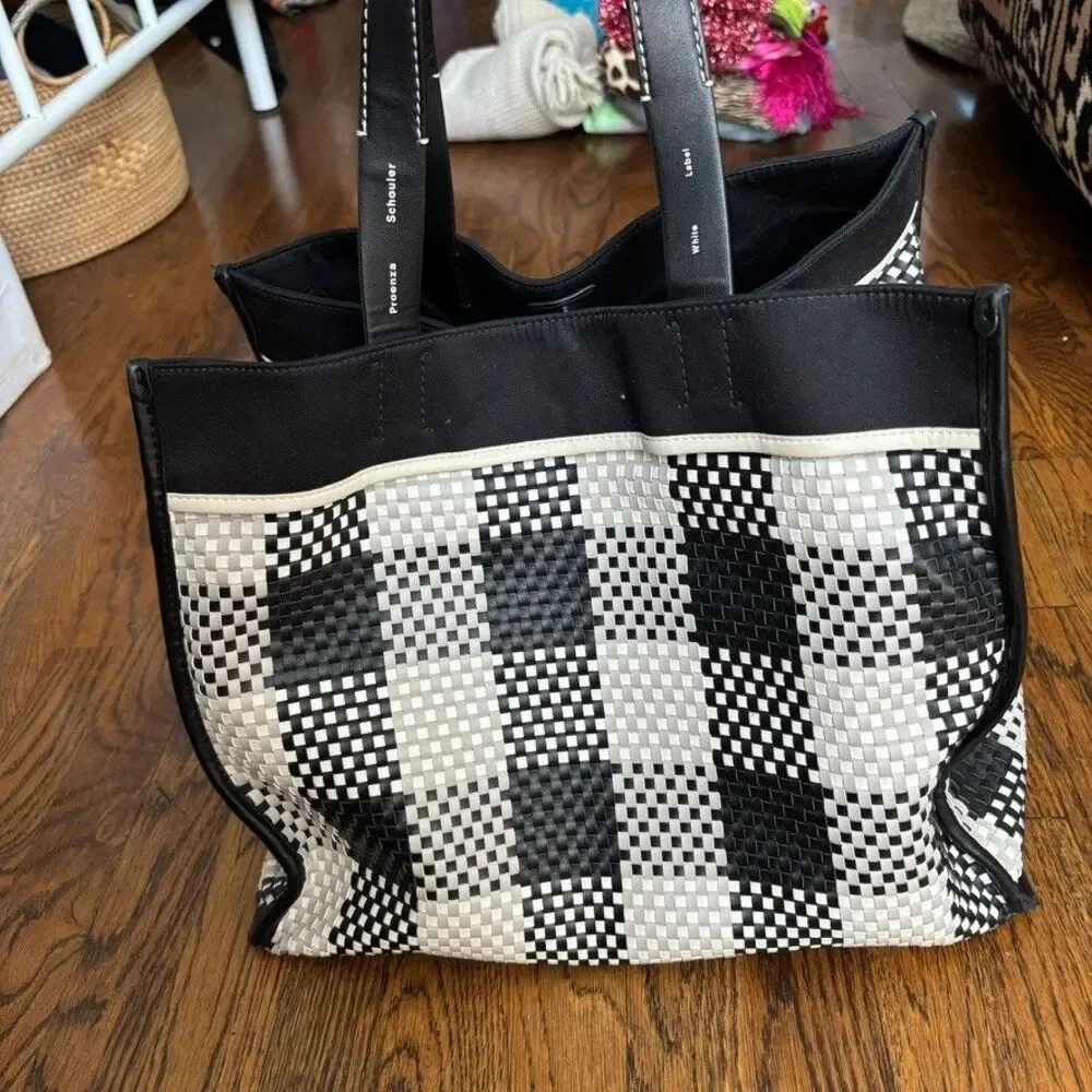 Proenza Schouler White Label Morris Woven Plaid Tote Black White Large
