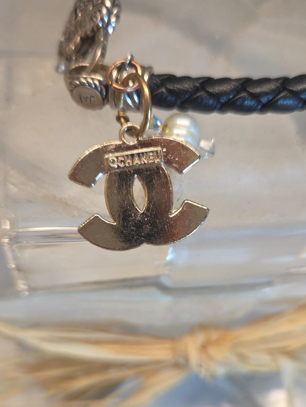 QVC JAI Sterling Silver Black Braided Leather Bracelet w/Pink & Pearl CC Charm