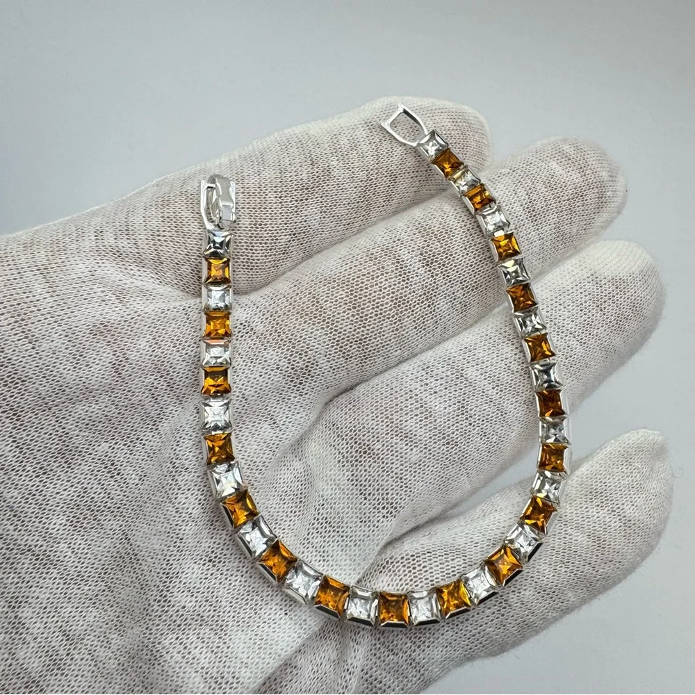 Swarovski Crystal Tennis Bracelet Silver Clear Amber Princess Cut Stackable
