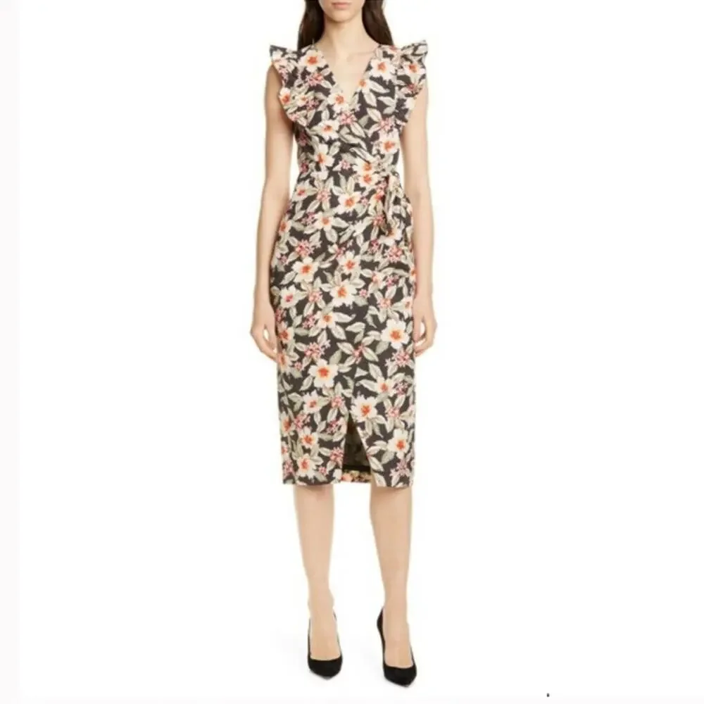 Rebecca Taylor Linen Cotton Kamea Floral Wrap Sleeveless Ruffle Midi Dress 6