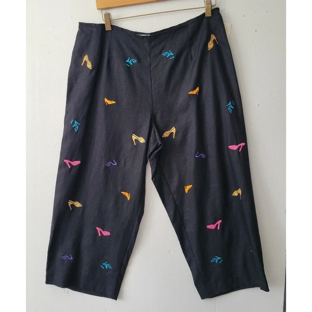 Signatures by Richard Malcolm Linen Pants Women 14P‎ Black Embroidered Heel Shoe