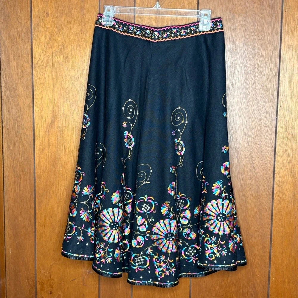 VTG Y2K‎ Willi Smith Skirt 4 Black Embroidered Floral Boho Festival Whimsigoth