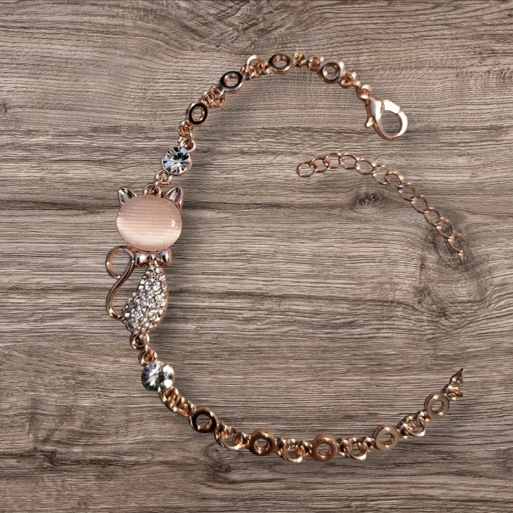 🩷3 for $15: Rose Gold Enamel & Crystal Cat Bracelet, 7