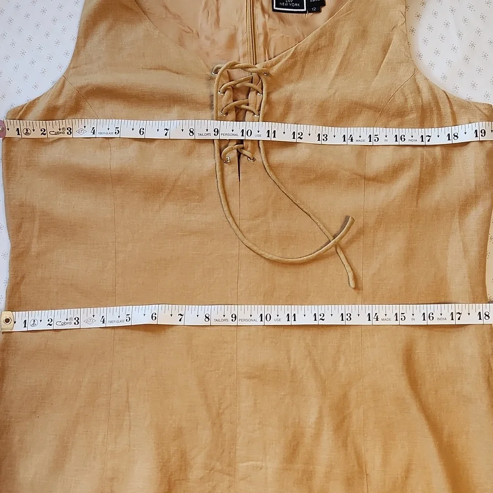 Lennie LNY New York Gold Linen Blend Lace-up Front Shift Dress Sz 12 Vintage