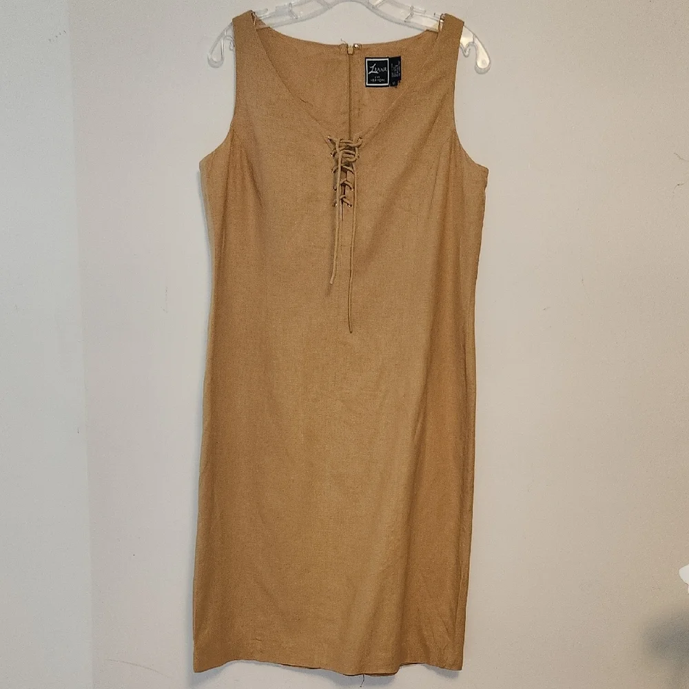 Lennie LNY New York Gold Linen Blend Lace-up Front Shift Dress Sz 12 Vintage