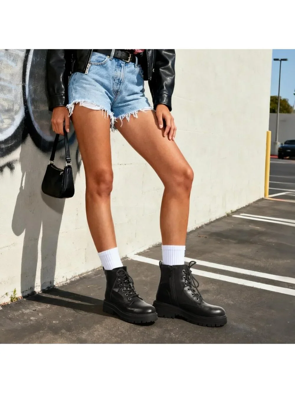 Women's Black Thermoplastic Lace Up Platform Side Zipper Lug Sole Ankle Booties