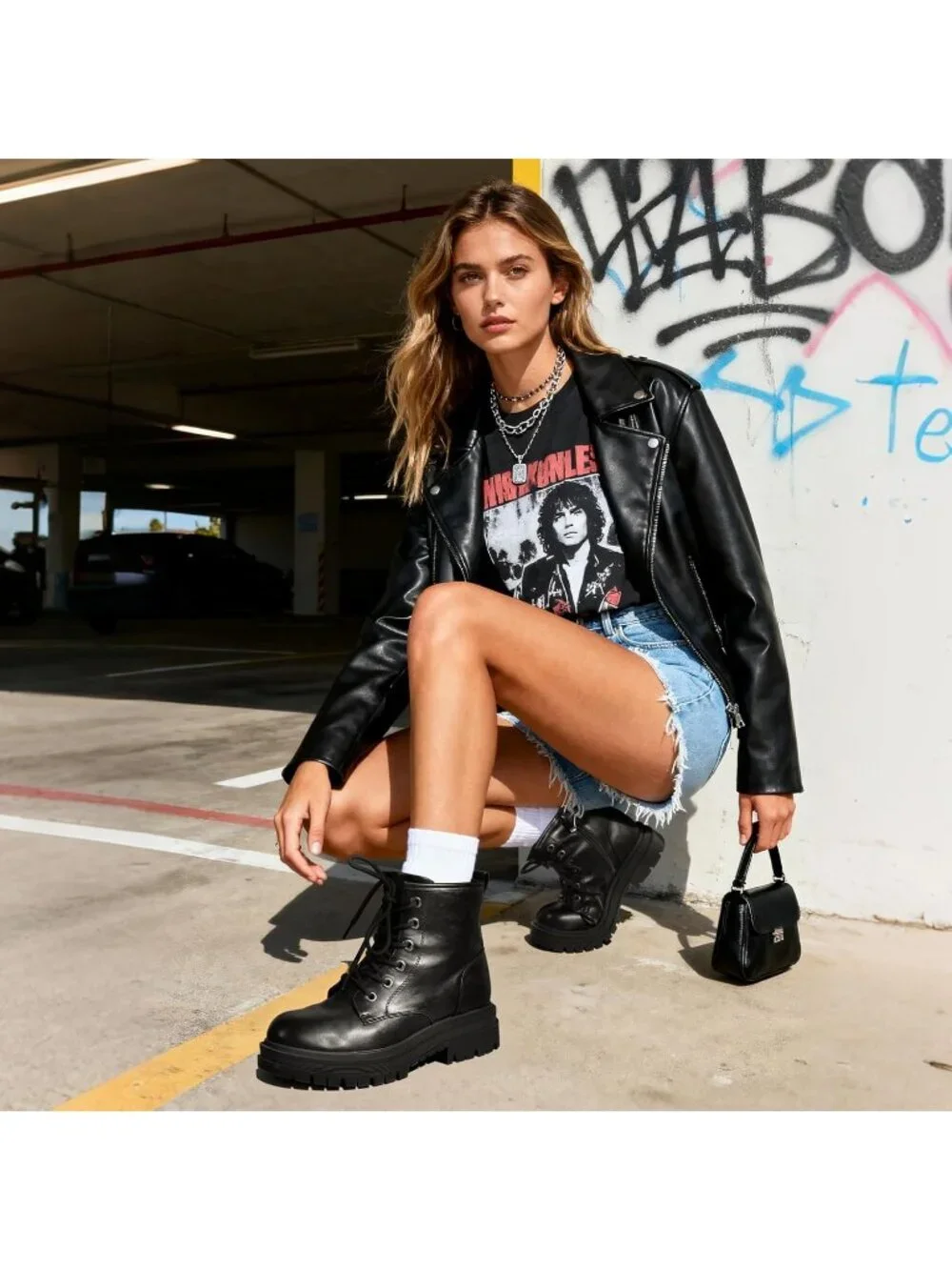 Women's Black Thermoplastic Lace Up Platform Side Zipper Lug Sole Ankle Booties