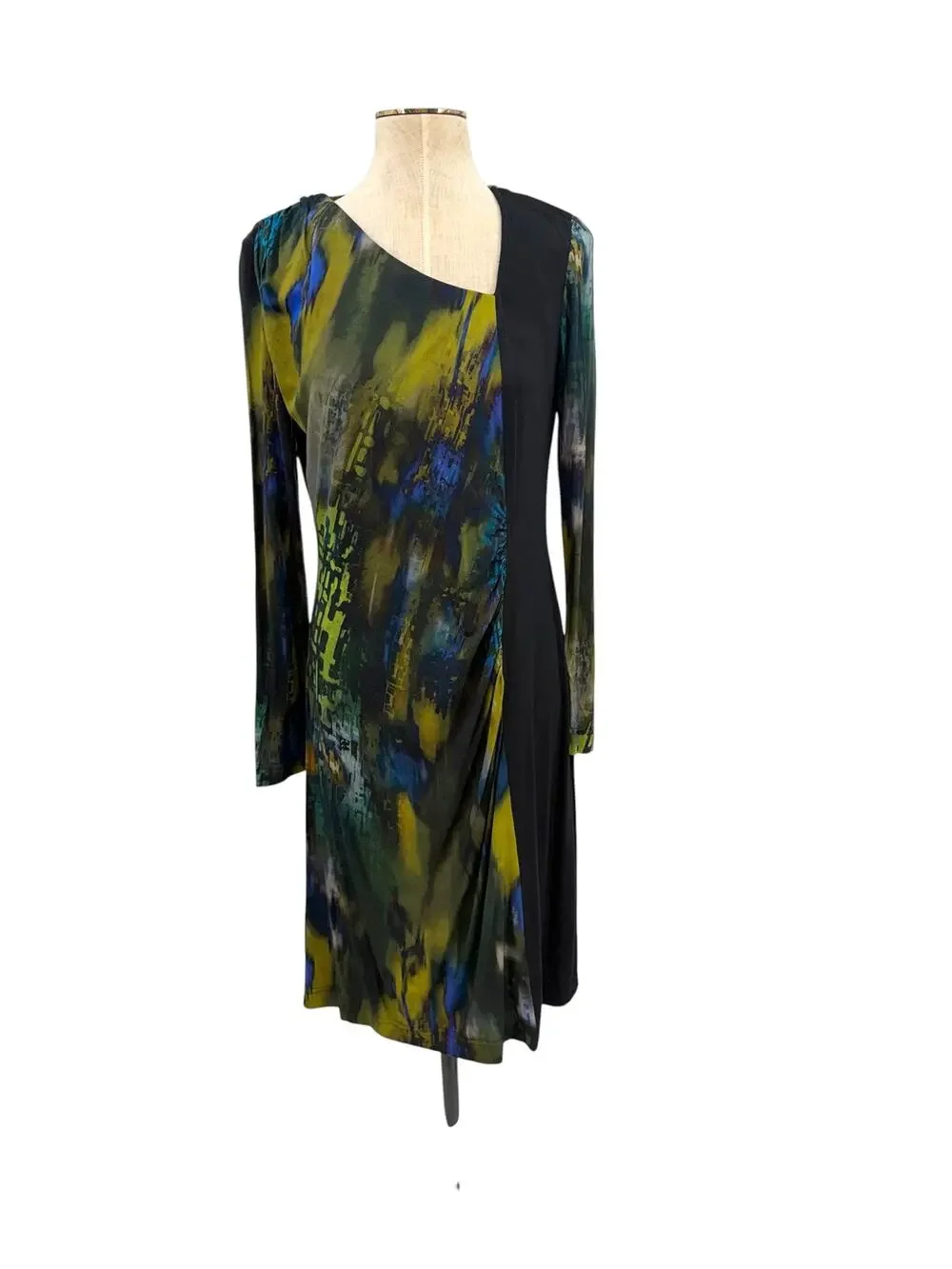 Hilton Hollis Asymmetrical Printed Sheath Dress Black Green Blue Long Sleeve M