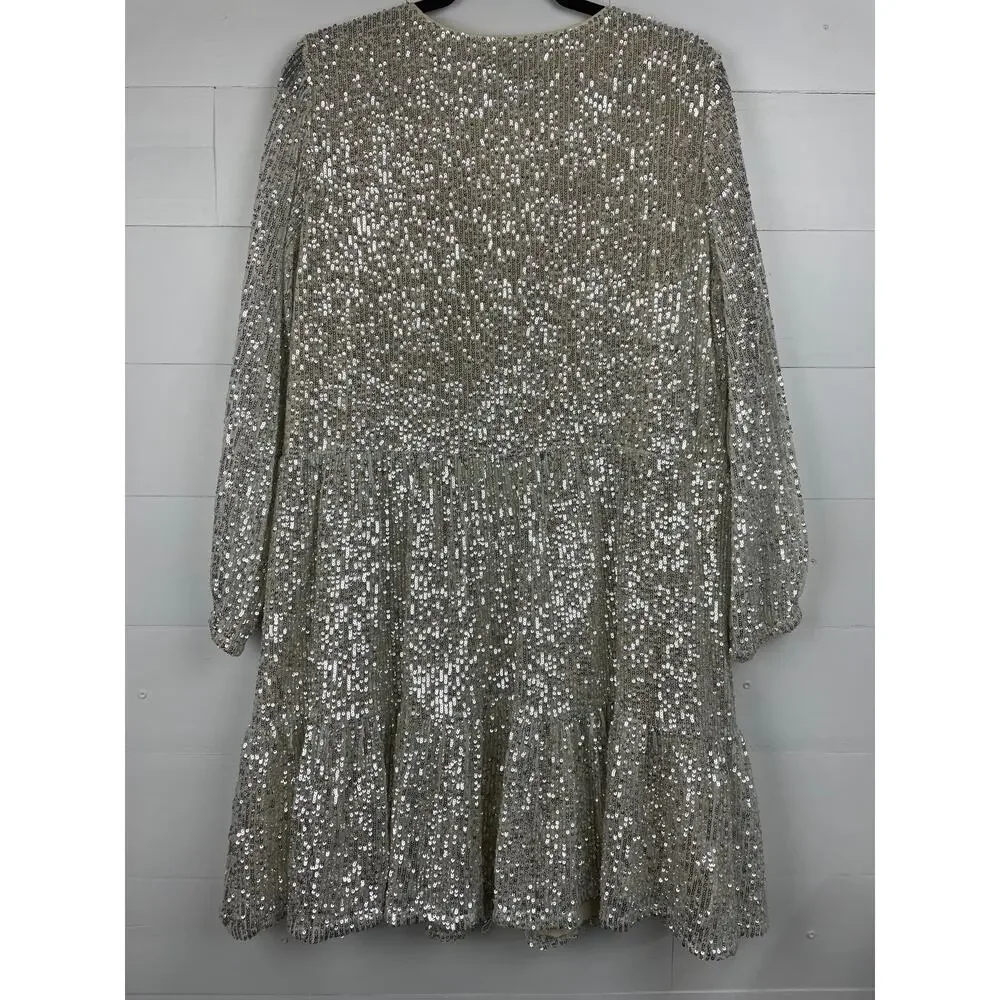 Vineyard Vines Silver Sequin V-Neck Tiered Dress Size XL Holiday NYE