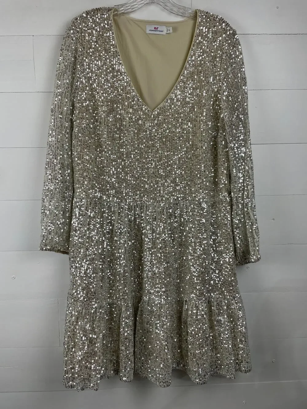 Vineyard Vines Silver Sequin V-Neck Tiered Dress Size XL Holiday NYE