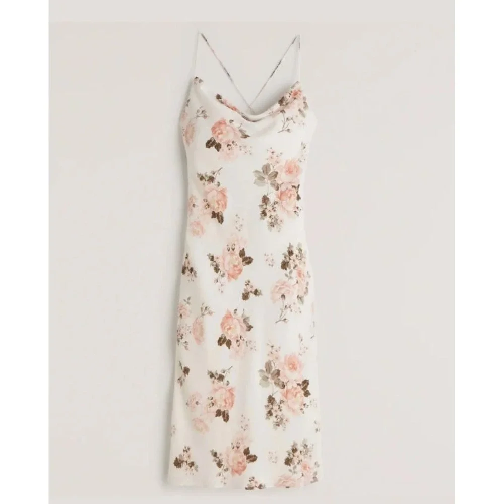 Abercrombie & Fitch Floral Cowl Neck Midi Slip Dress White Women's Medium NEW