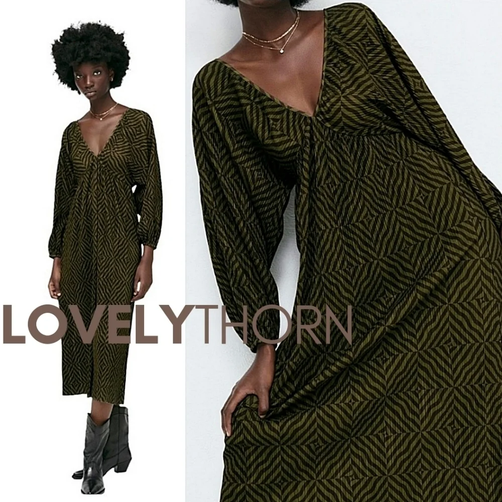 ZARA // silky pleated olive black geo print plunge balloon sleeve midi dress
