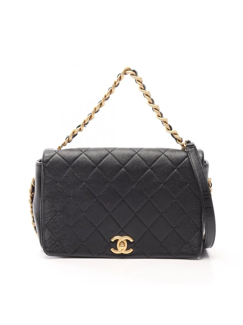 Chanel Shoulder Bag Quilted 2-Way Black Leather Full Flap Chain