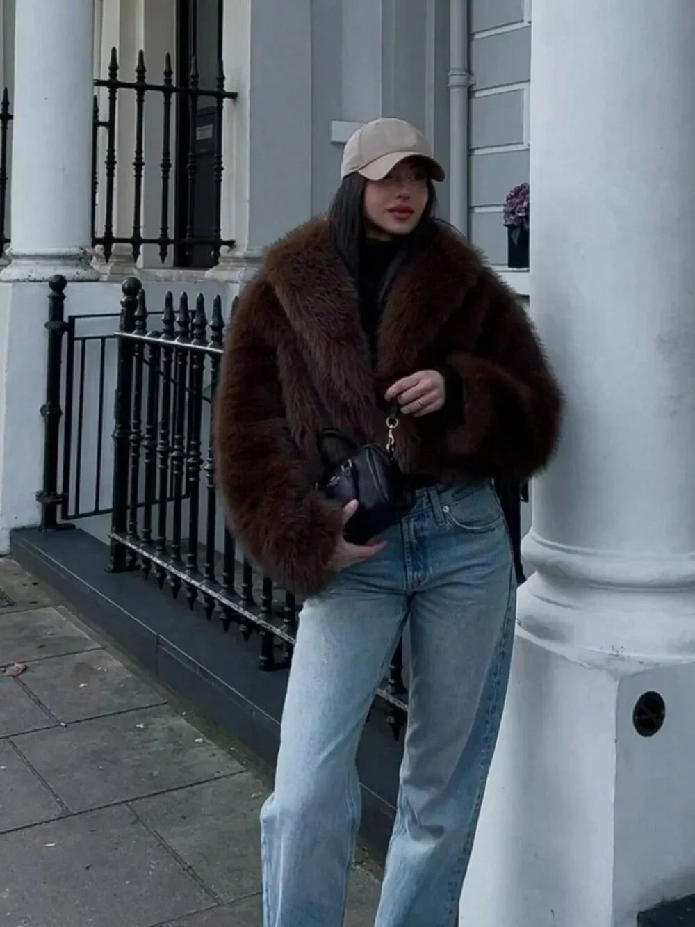 Brown Casual Women's Faux Fur Collar Short Jacket