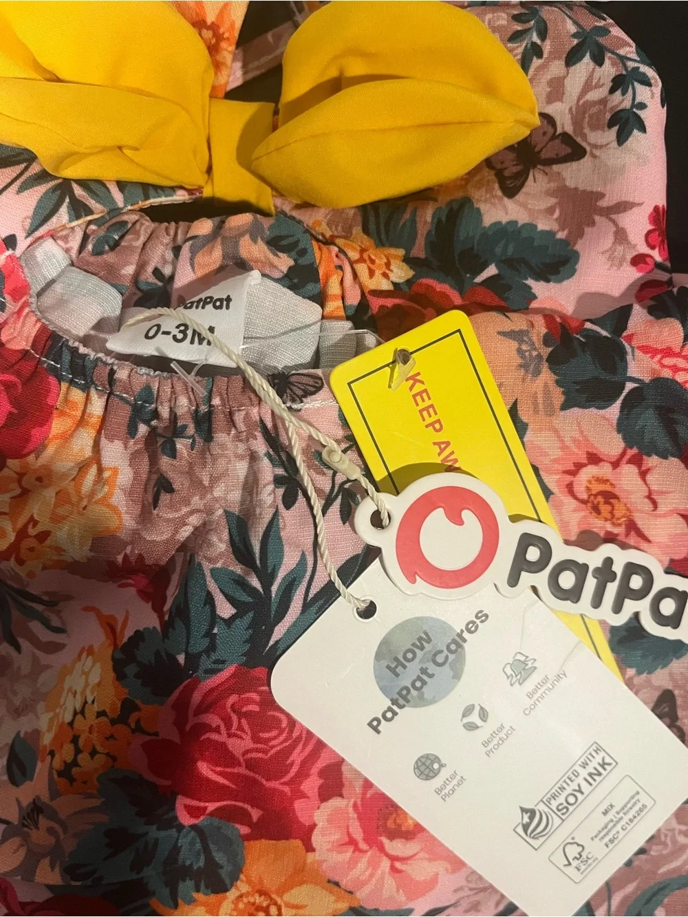 PatPat Pink Floral Bow Baby Sundress Top with Yellow Bow