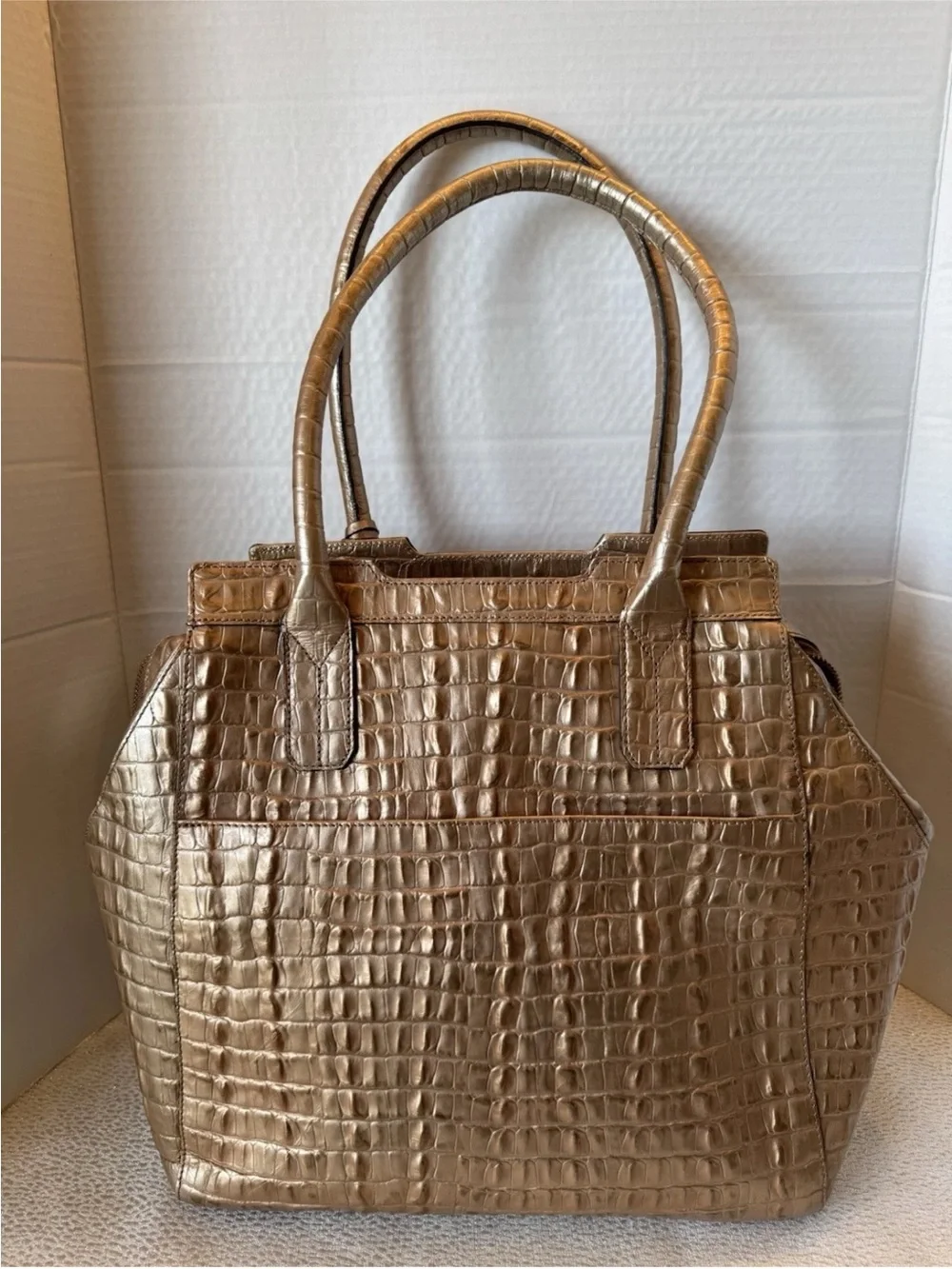 Brahmin Rose Gold Strada Croc-Embossed Metallic Bronze Tote with Wallet
