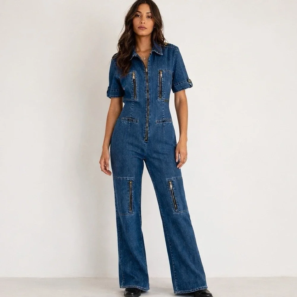 Vintage Baby Phat Denim‎ Jumpsuit Women's Size 13 Y2K Flare Leg Romper Catsuit M