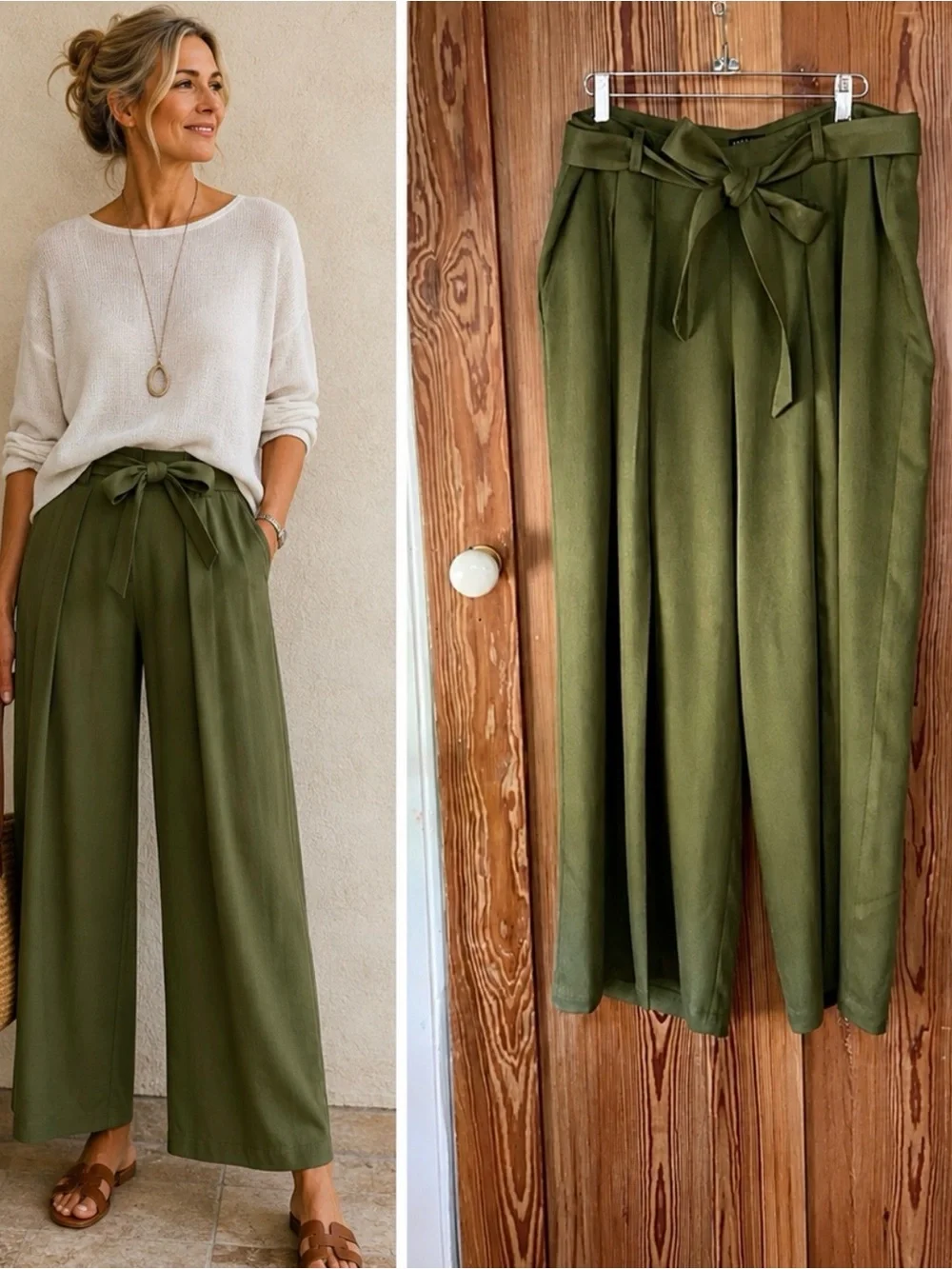 Eileen Fisher Heavy Tencel Twill Tie Waist Wide Leg Olive Pants - Sz 12💛🎀