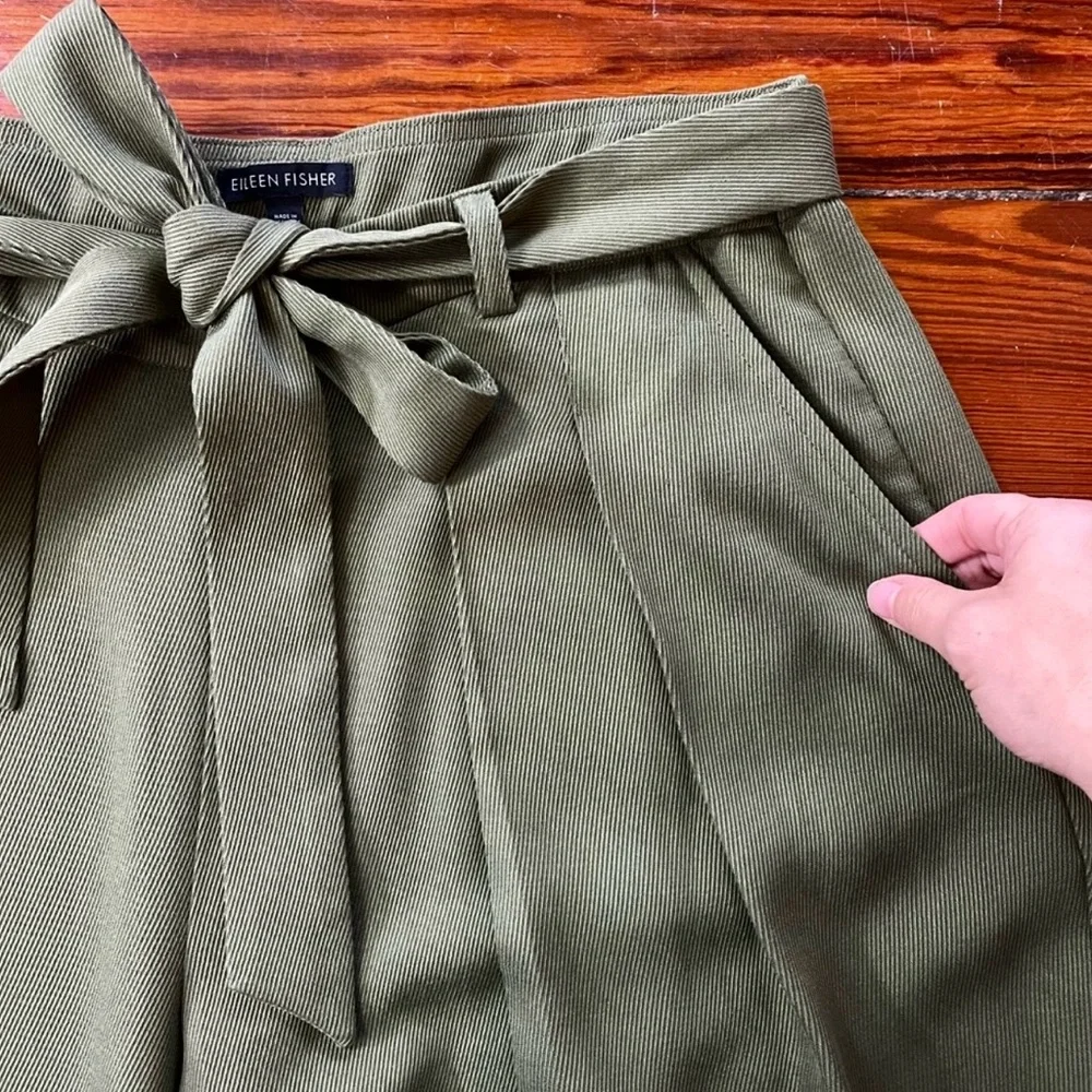 Eileen Fisher Heavy Tencel Twill Tie Waist Wide Leg Olive Pants - Sz 12💛🎀