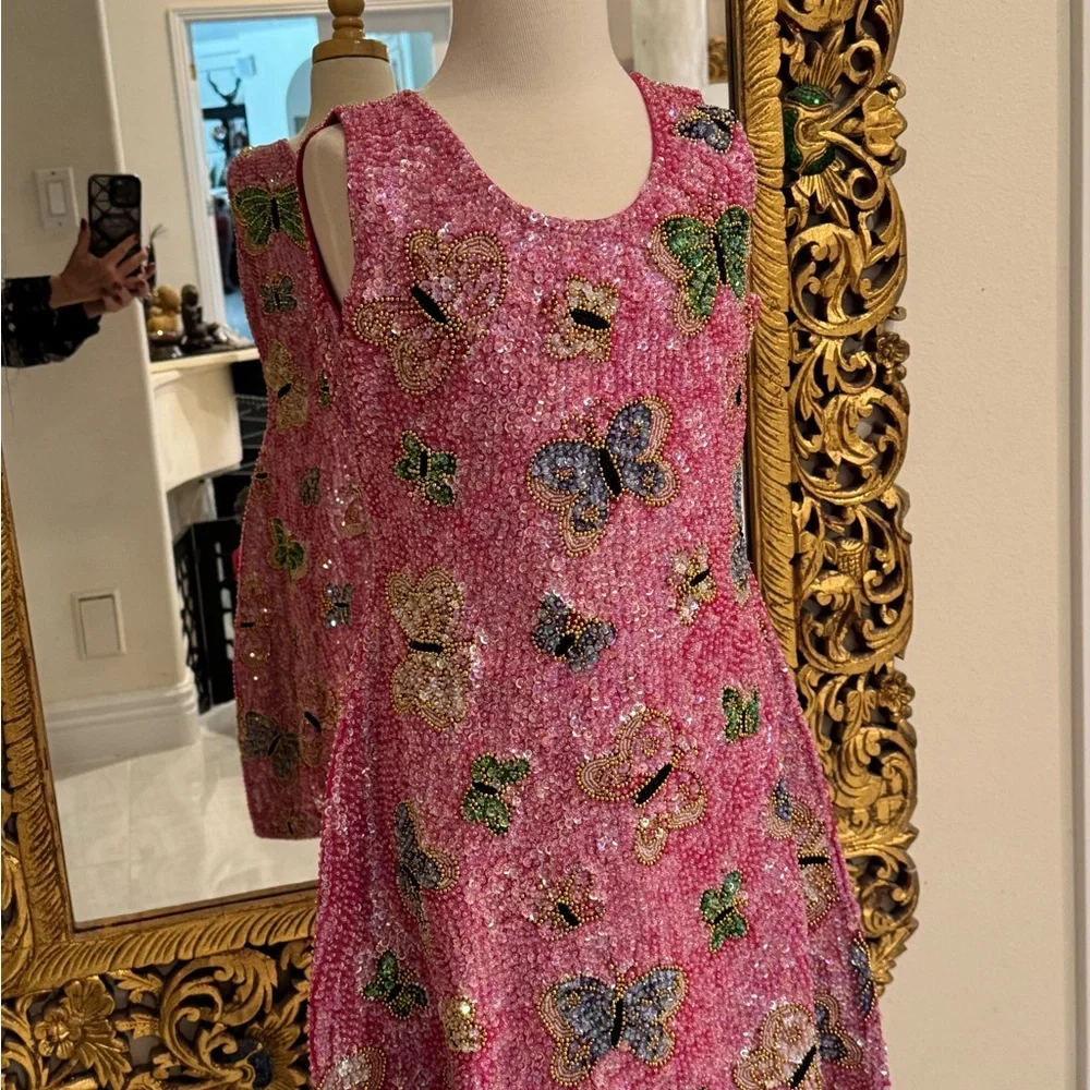 Little Attitudes by Debra Pink Sequin‎ hand beaded Dress Butterflies. NWT
