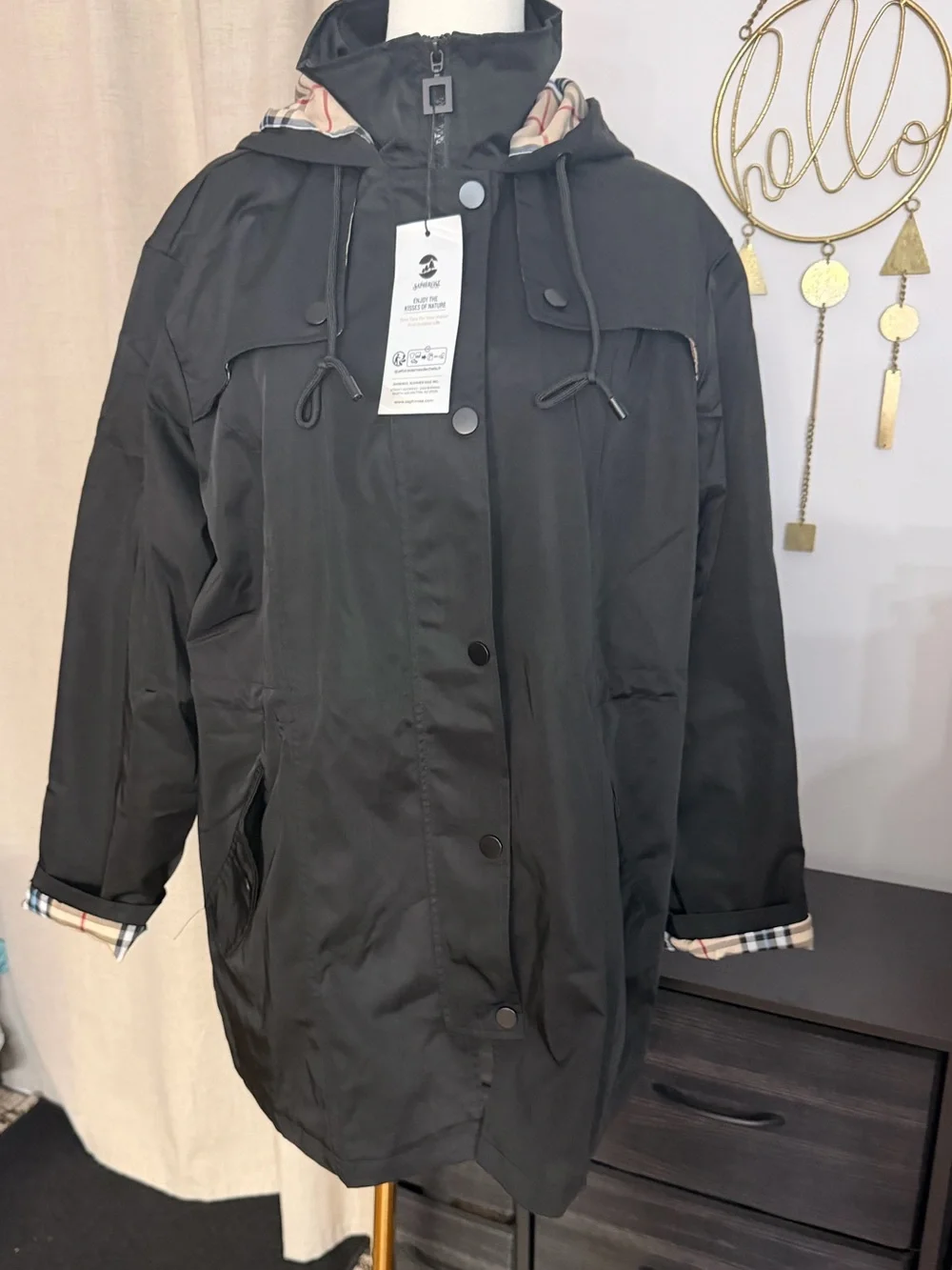 Saphirose Women’s Black Hooded Rain Coat with Plaid Lining Size XL